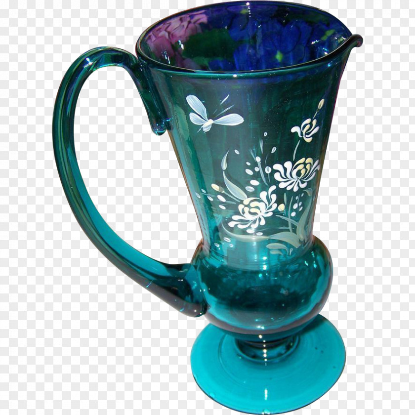 Hand-painted Butterfly Glass Coffee Cup Mug Cobalt Blue Pitcher PNG