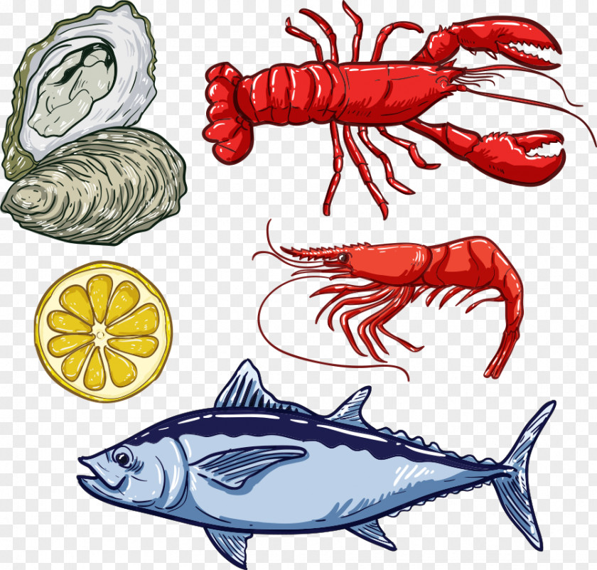 Vector Red Lobster And Fish Seafood Illustration PNG