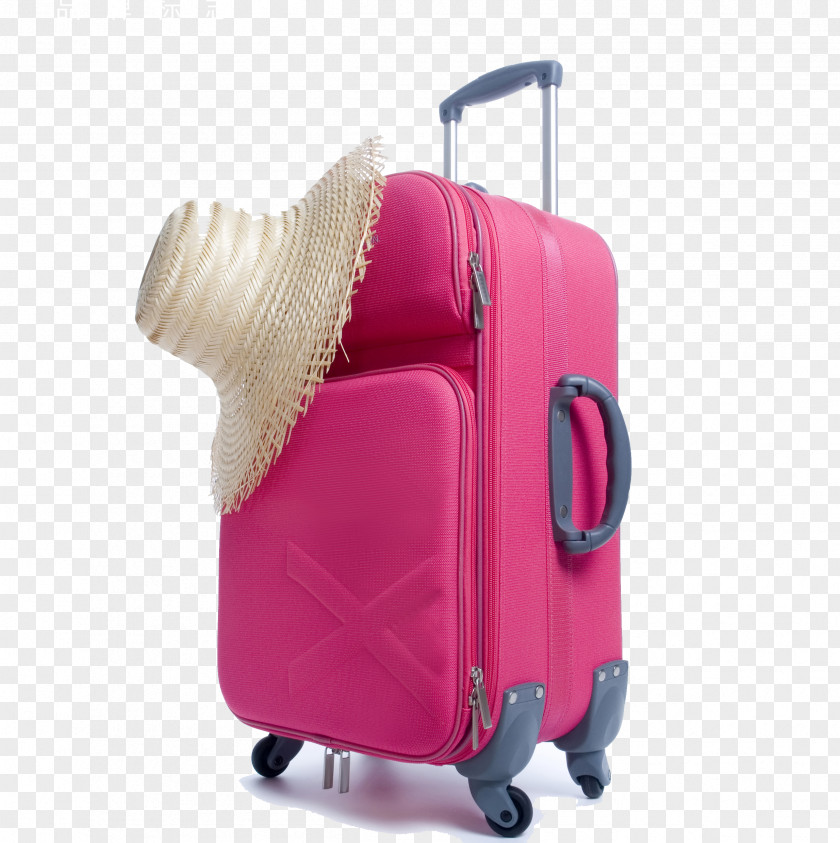 Pink Straw Hat And Suitcase Air Travel Agent Baggage PNG