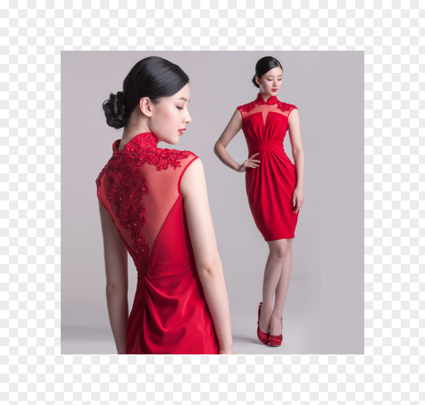 Red Lace Wedding Dress Cheongsam Mandarin Collar Evening Gown PNG