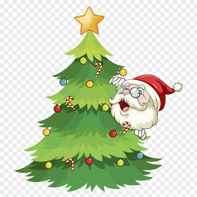 Christmas Tree With Santa Claus Reindeer Illustration PNG