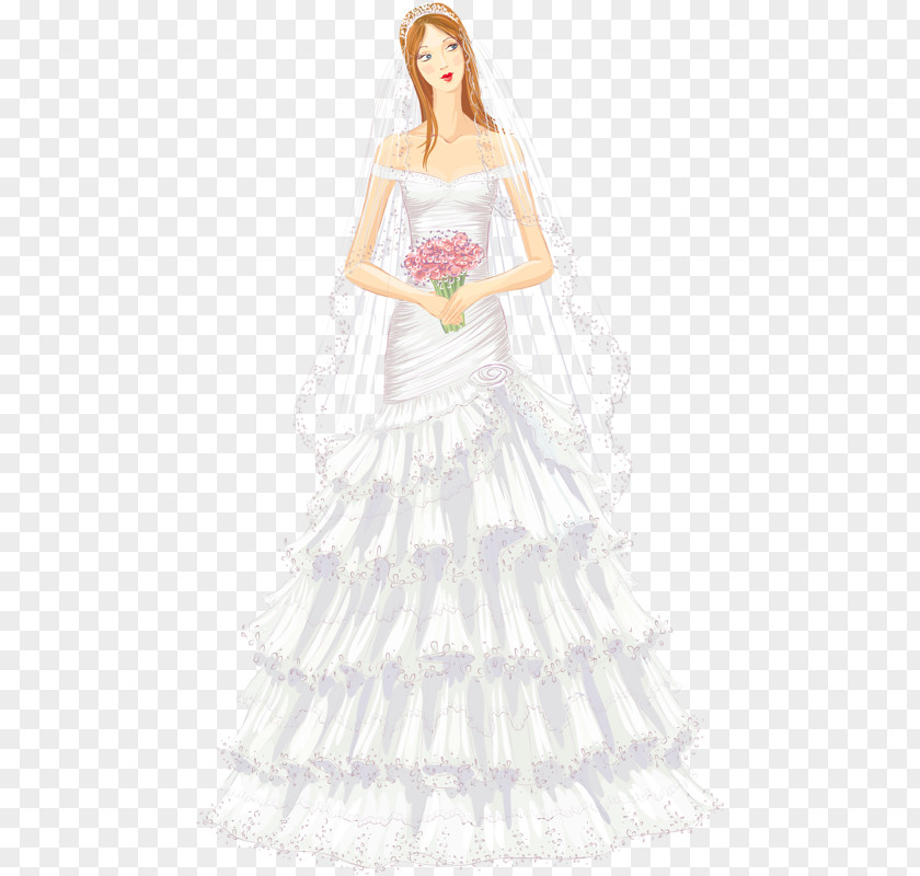 Wedding Dress Bride Party Gown PNG dress Gown, Girl, illustration of standing woman wearing white off-shoulder ruffle-skirt and holding pink flower bouquet clipart PNG