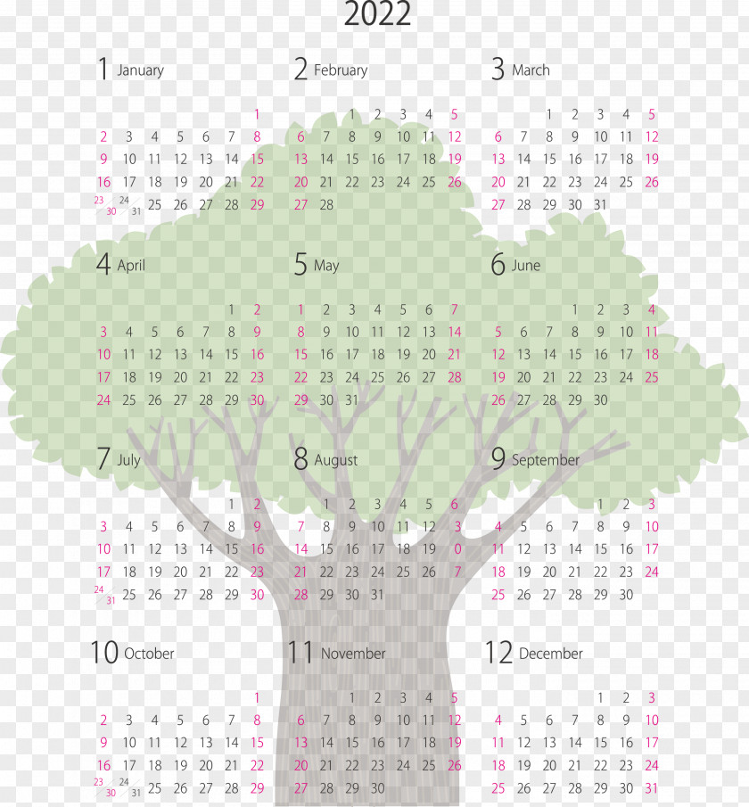 2022 Yearly Calendar Printable PNG