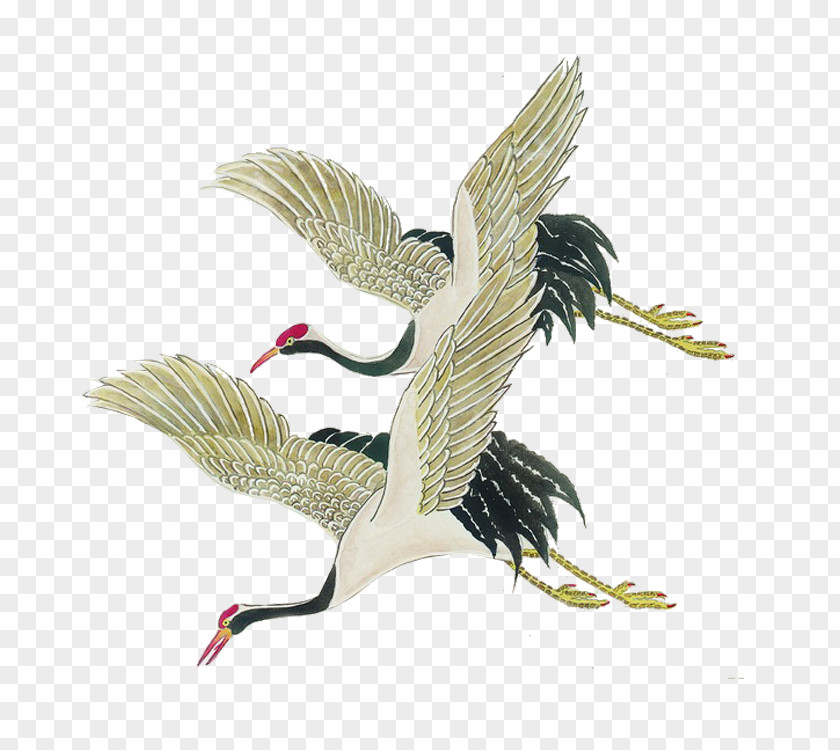 White Crane Red-crowned Ink Wash Painting PNG