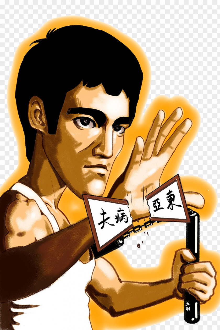 Bruce Lee Realistic Style Big Head Photo Cartoon Poster Illustration PNG