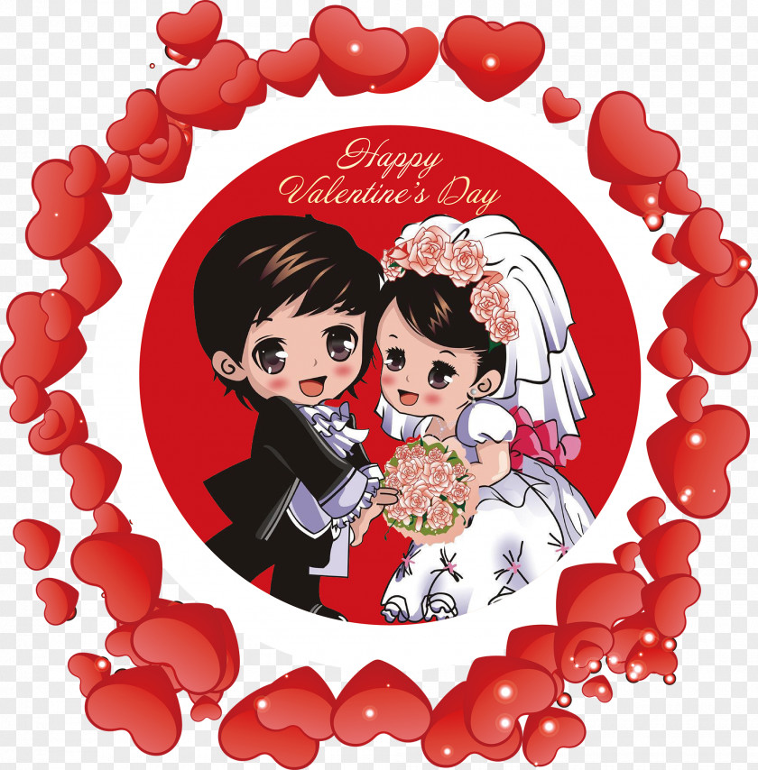 Cartoon Bride And Groom Heart-shaped Packaging Vector Heart Valentines Day PNG