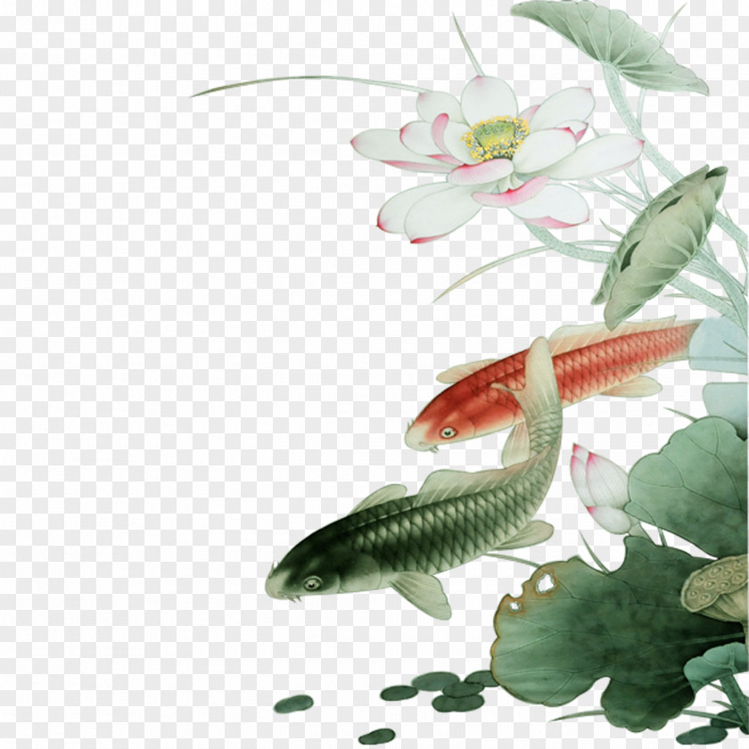 Fish Play Hawthorn Ink Wash Painting Download PNG