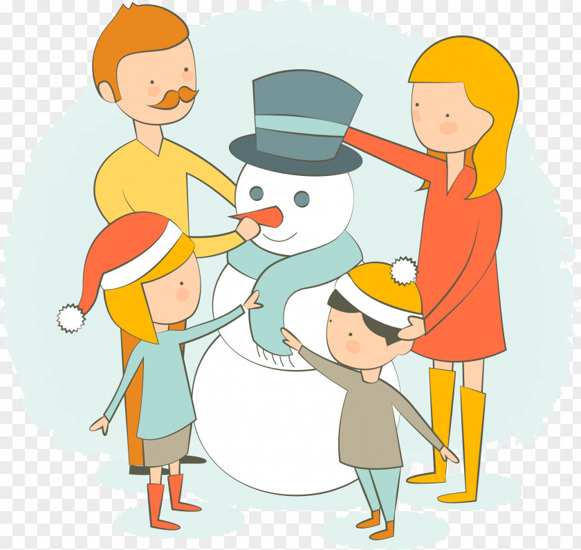 People Around A Snowman Family Clip Art PNG