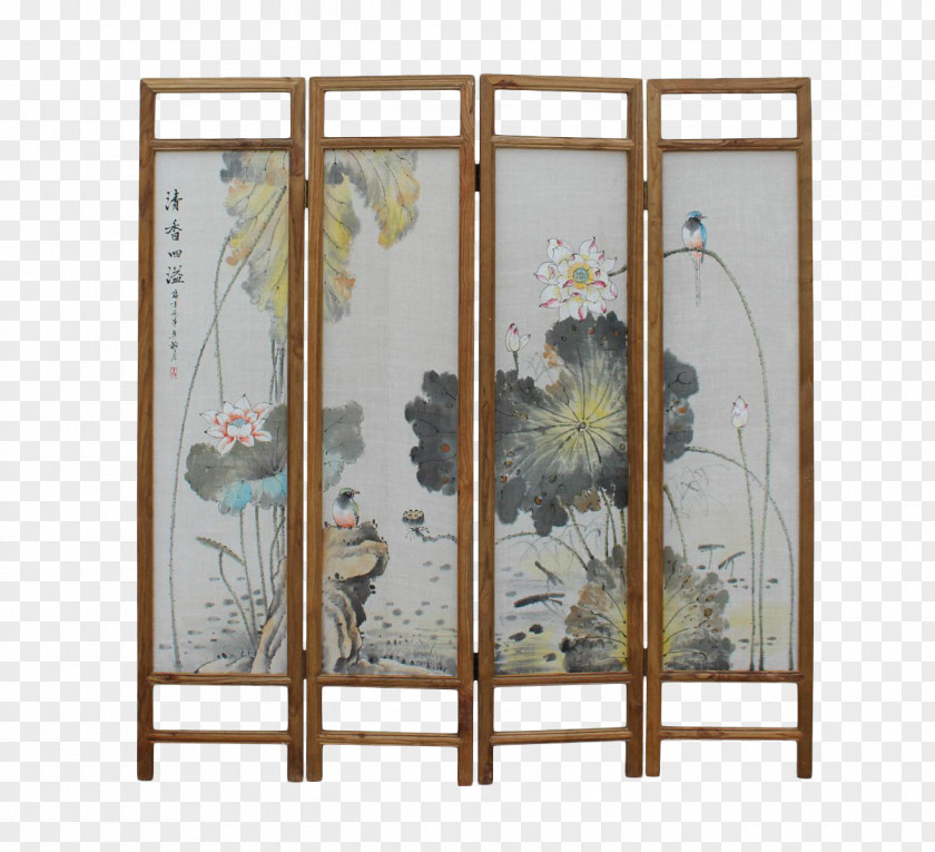 Hand-painted Lotus Pond Scenery Room Dividers Window Painting Folding Screen Art PNG