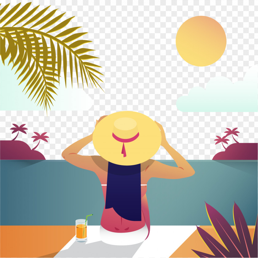 Hand Painted Holiday Woman Landscape Euclidean Vector Summer PNG