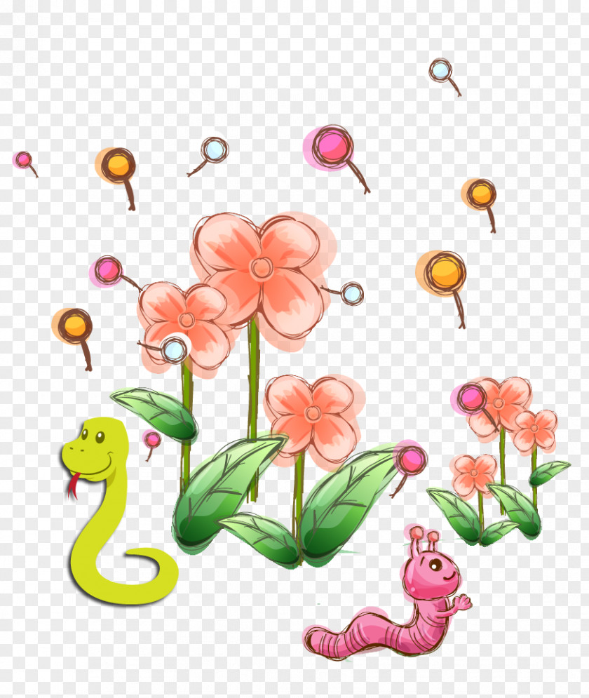Green Snakes And Caterpillars Snake Floral Design PNG