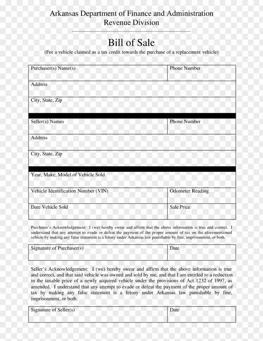 Car Arkansas Bill Of Sale Form Invoice PNG