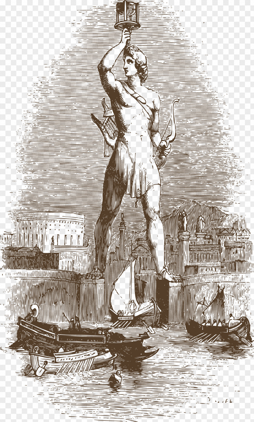 Vector Ancient Greece Statue Colossus Of Rhodes Liberty Lighthouse Alexandria Seven Wonders The World PNG