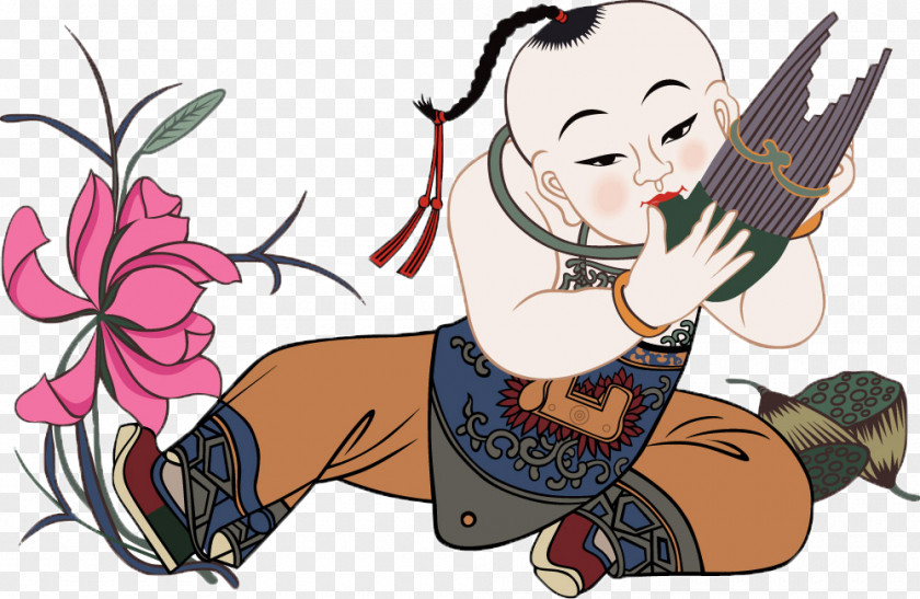 Baby Sitting Flute Budaya Tionghoa Cartoon PNG