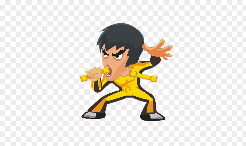 Bruce Lee With The Double Stick Cartoon Chinese Martial Arts Illustration PNG