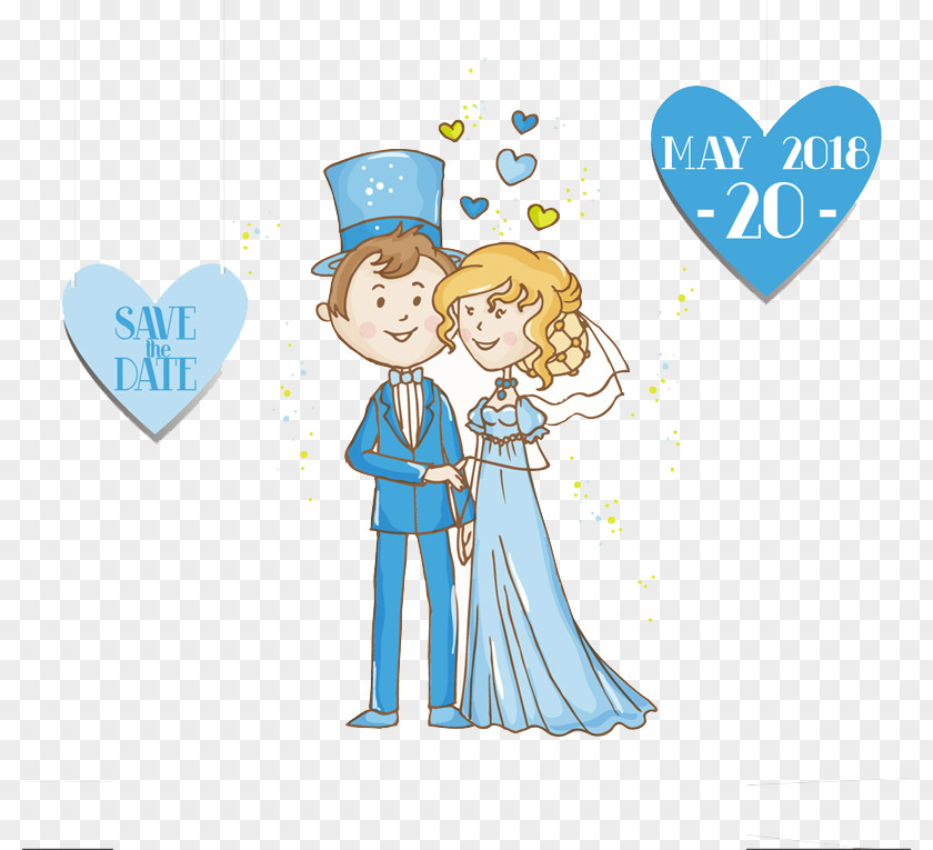 Blue Cartoon Bride And Groom Vector Material Wedding Invitation Bridegroom Save The Date PNG