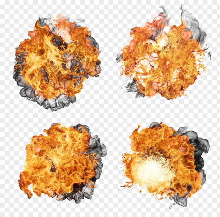 Explosion Flame Fire PNG , Explosive spark black smoke, four flames illustration collage clipart PNG