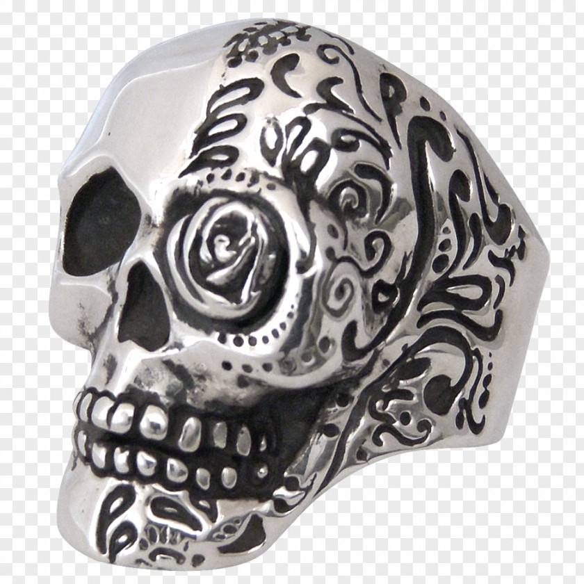 Skull Side Silver Face Ring Size 0 PNG