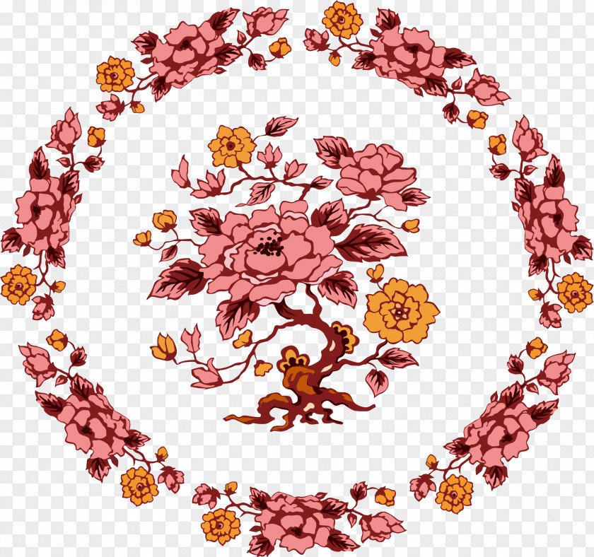 Vintage Red Flowers Floral Design Circle Flower Pattern PNG