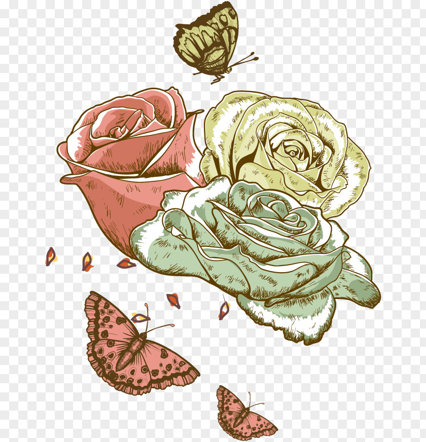 Vector Rose And Butterfly Flower Ornament Illustration PNG