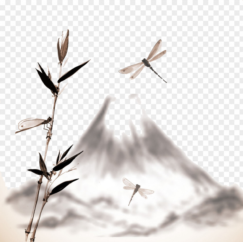 Dragonfly Ink Mount Fuji Drawing Mountain Wash Painting PNG