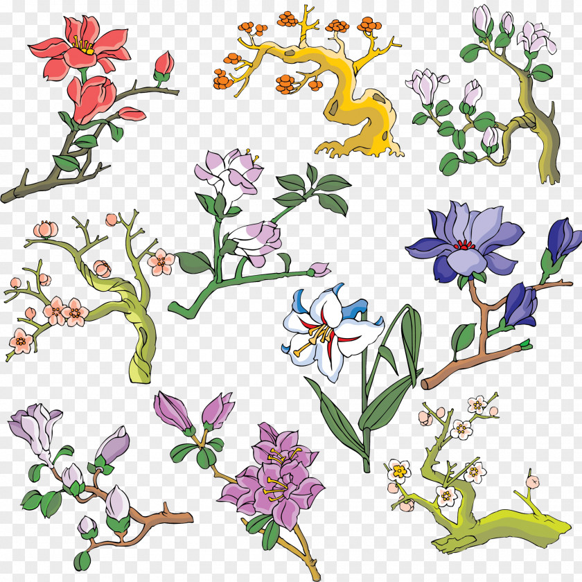 Hand-painted Lily Plum Floral Design Blossom Flower Ameixeira Clip Art PNG