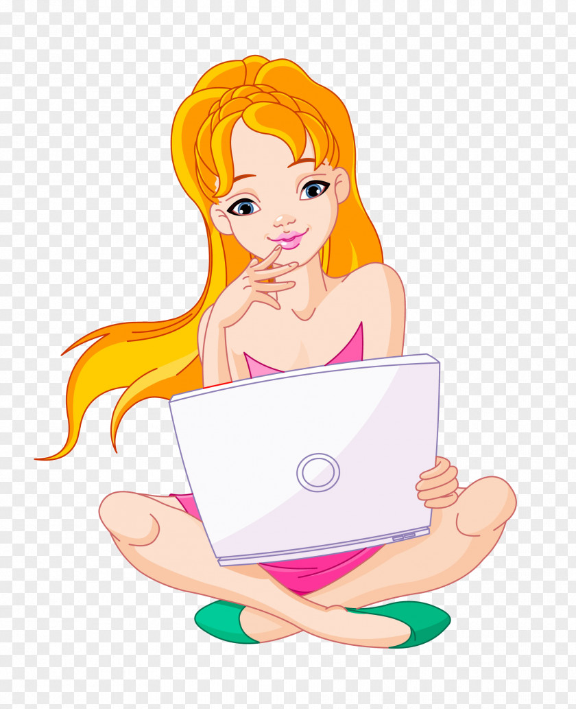 Beauty Cartoon Playing Computer Image Laptop Clip Art PNG