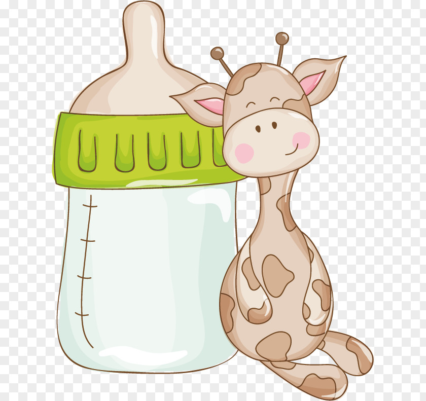 Giraffe Cartoon Vector Material Hand-painted Bottle Baby Shower Infant Clip Art PNG