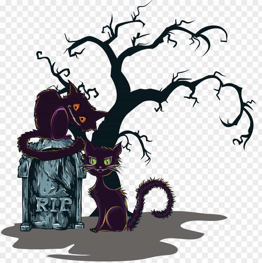 Black Cat Cemetery Halloween Party Illustration PNG
