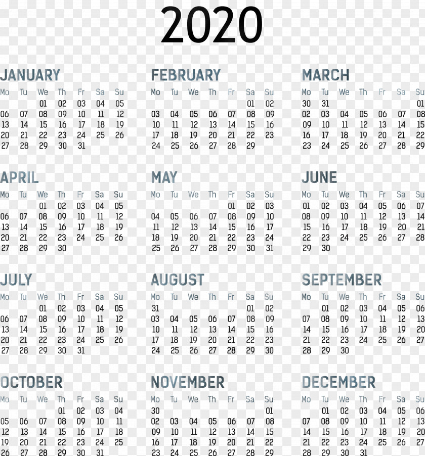 2020 Yearly Calendar Printable Template Full Year PNG