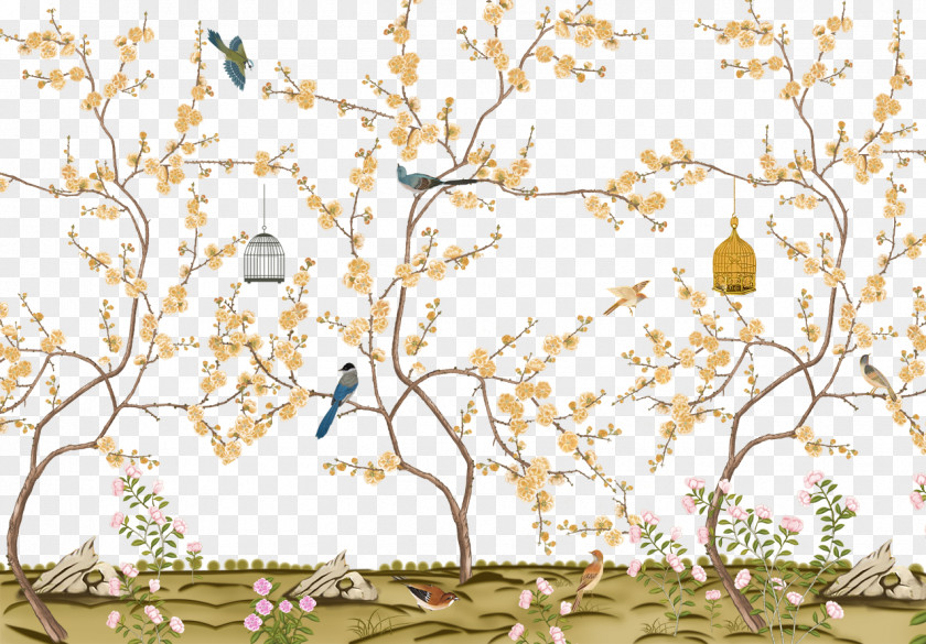 Chinese Bird Floral Design Wallpaper PNG