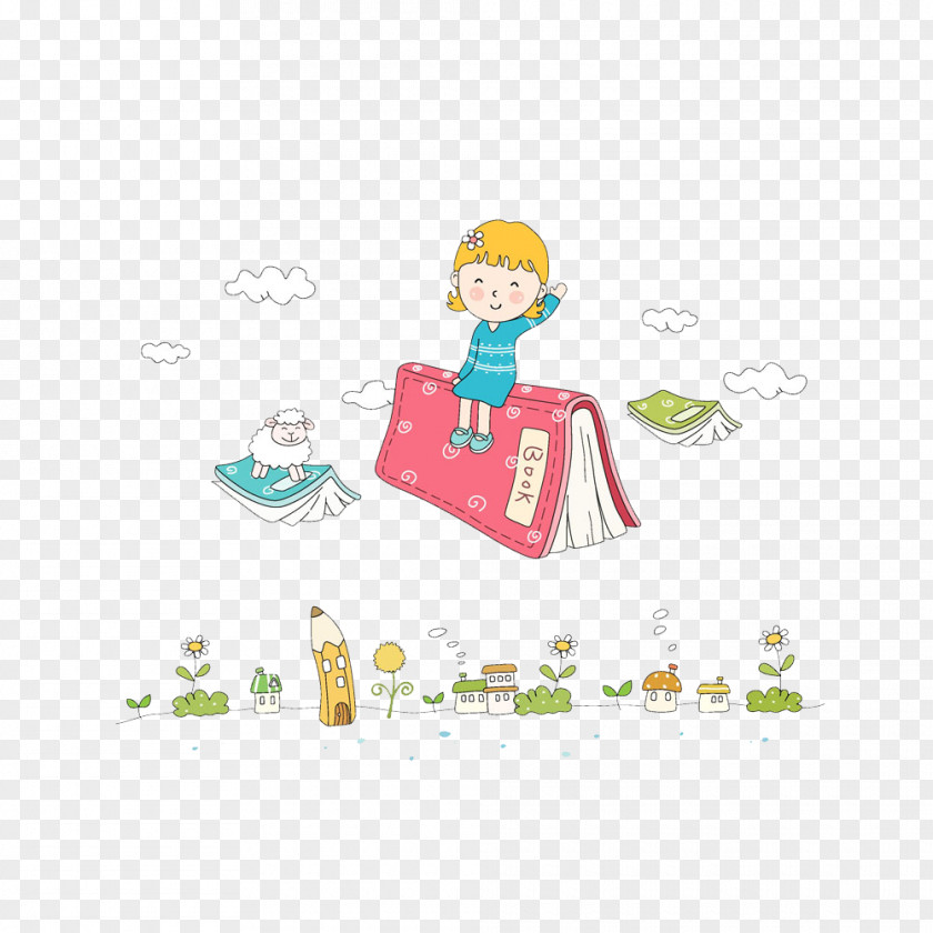 The Child Sitting In Book Childhood Cartoon Illustration PNG
