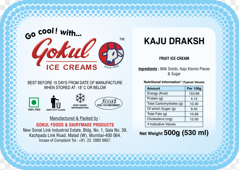 Kaju Kismis Gokul Ice Creams Milk Nutrition Facts Label Food PNG