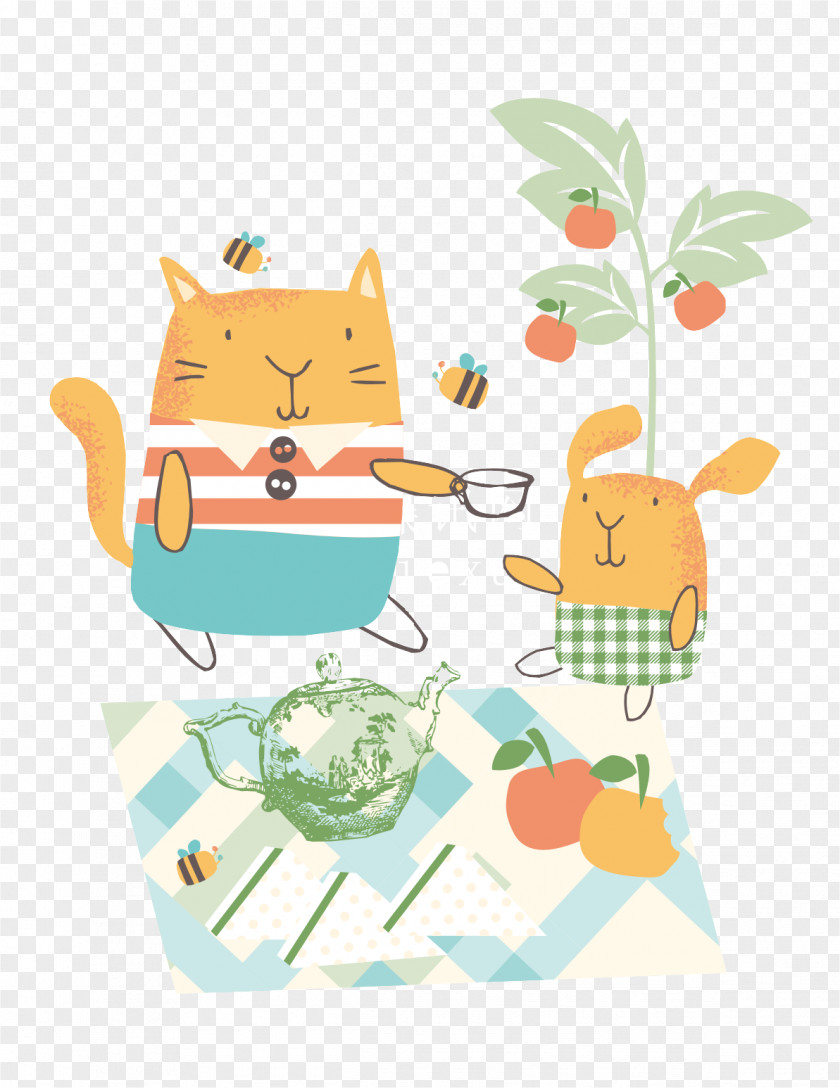 Vector Picnic Cartoon Cat Rabbit Illustration PNG