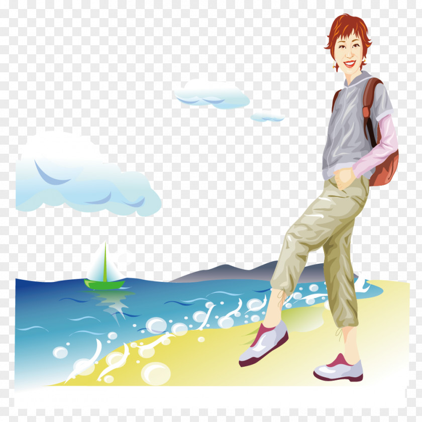 Beach Woman With Short Hair Euclidean Vector Cartoon Illustration PNG