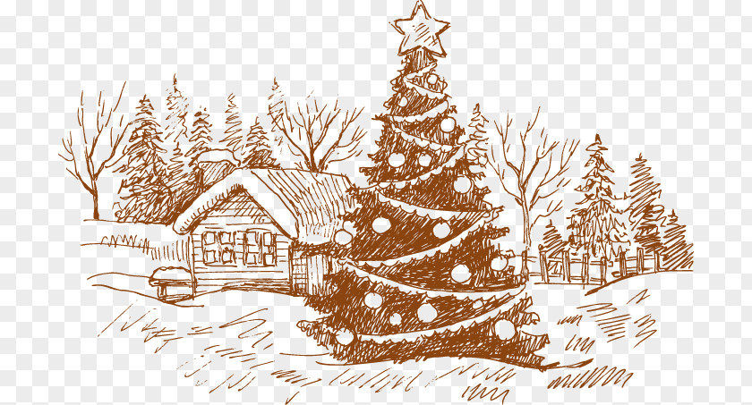 Hand-painted Christmas Tree House Pattern Card Drawing Illustration PNG