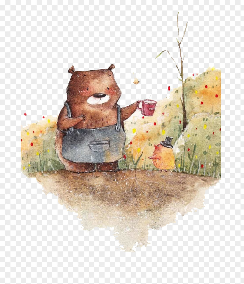 Cartoon Bear And Chick Watercolor Painting Illustration PNG