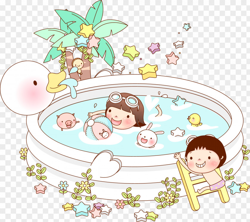 Swimming Child Pool Cartoon Illustration PNG