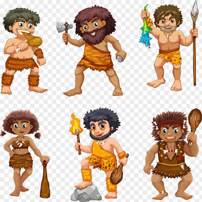 Vector Hand Painted Primitive People Bamm-Bamm Rubble Stone Age Prehistory Illustration PNG