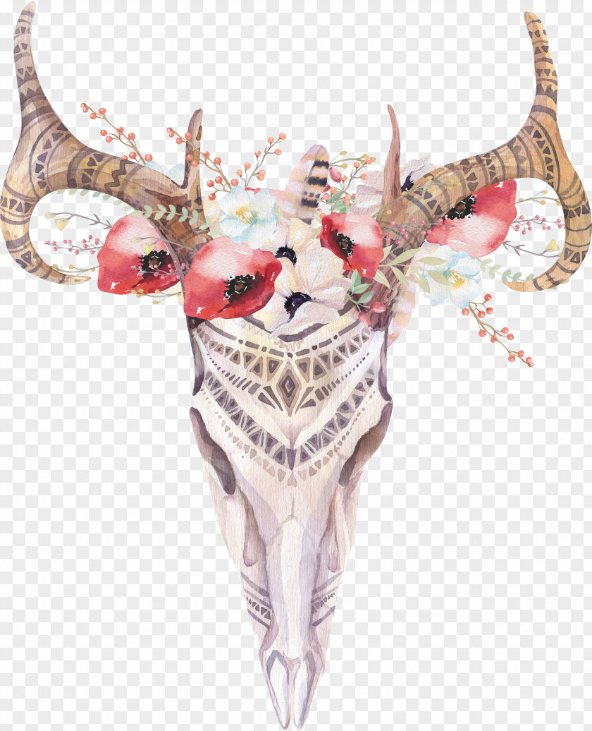 Antlers With Flowers Bohemianism Watercolor Painting Boho-chic Image Mural PNG