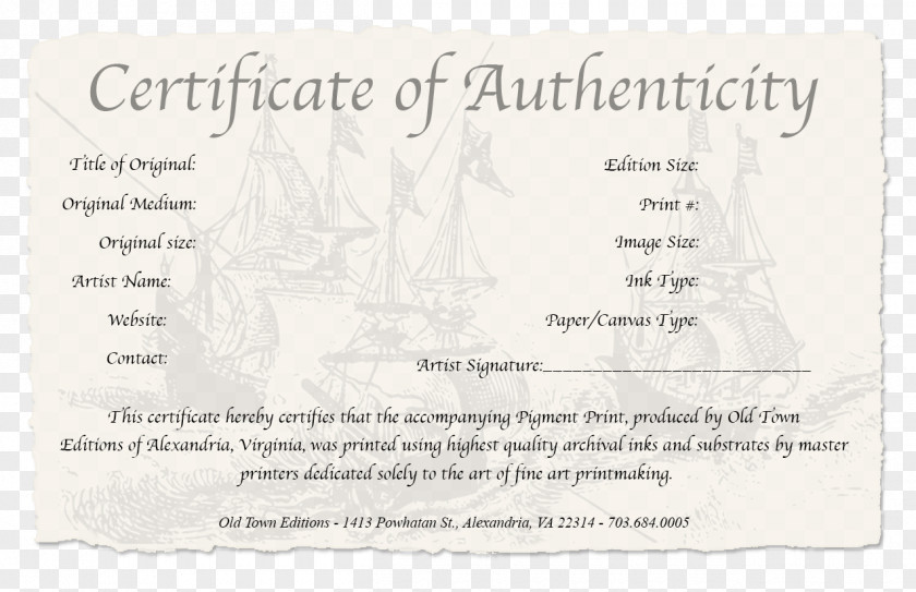 Certificate Template Of Authenticity In Art Work Photography PNG