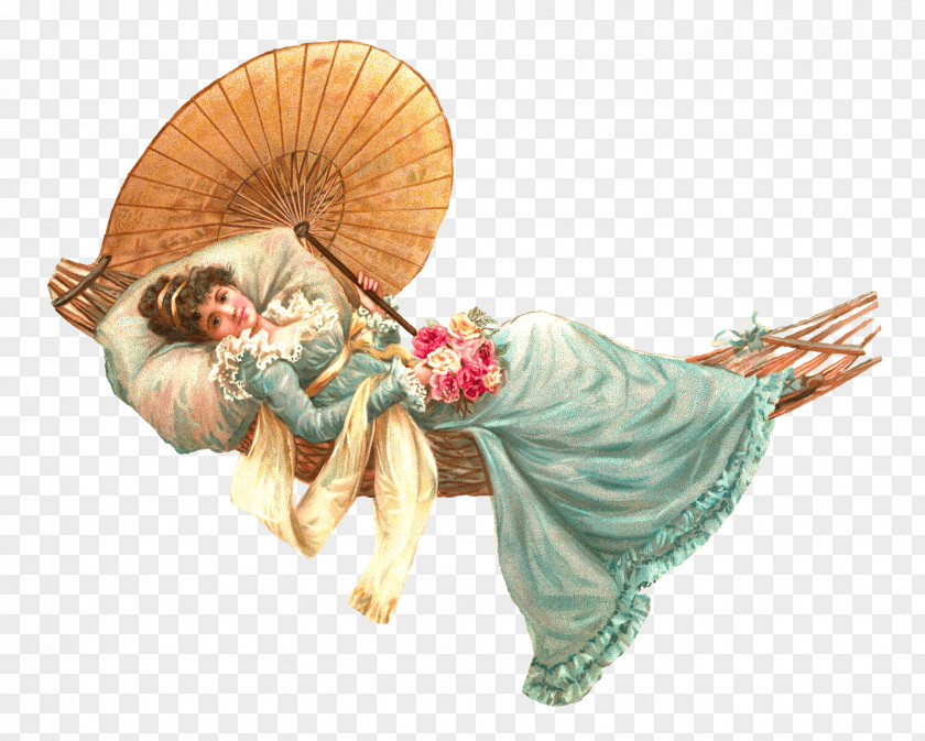 Lady Hammock Victorian Vintage PNG Vintage, woman lying on hammock holding umbrella and flowers illustration clipart PNG