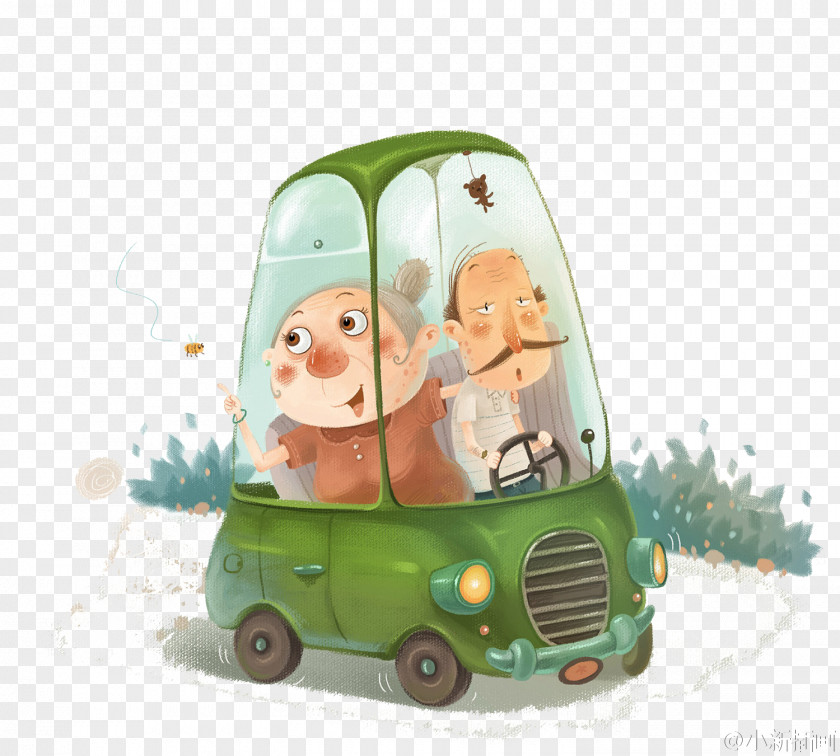 An Old Married Couple Traveling By Car Adobe Illustrator Illustration PNG