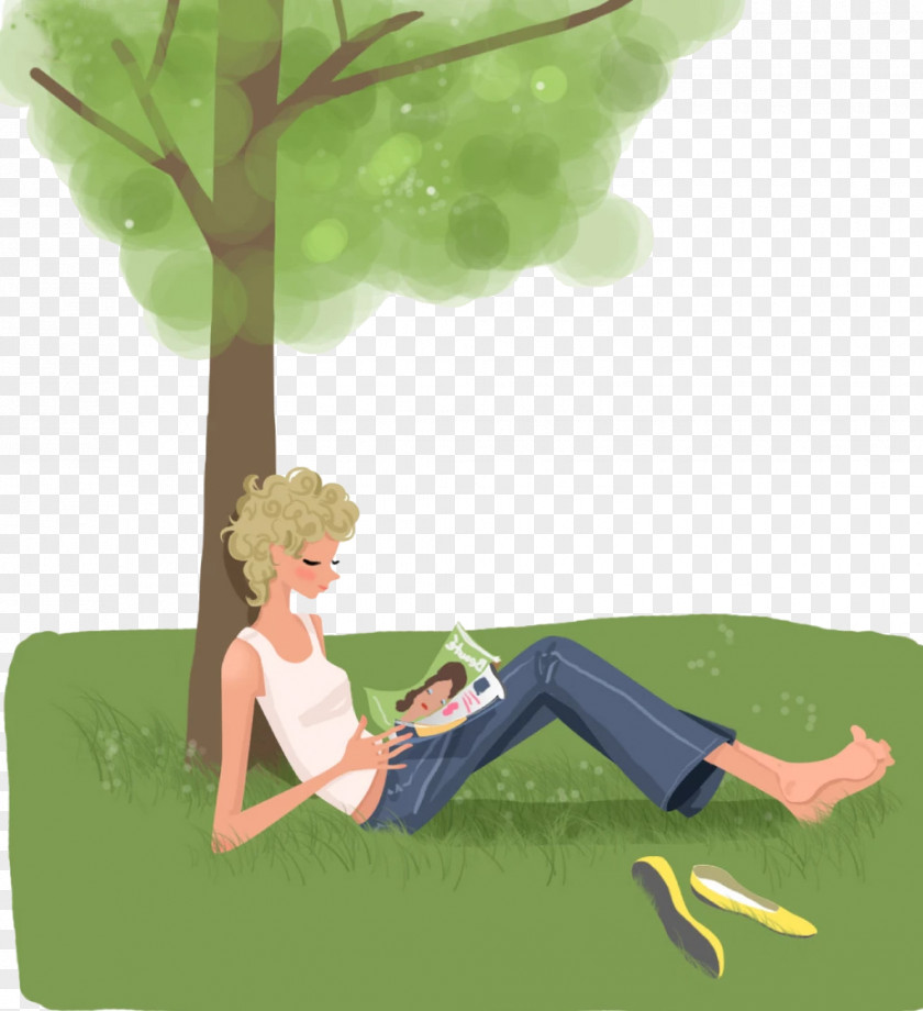 Cartoon Beautiful Female Grass Reading Photography PNG