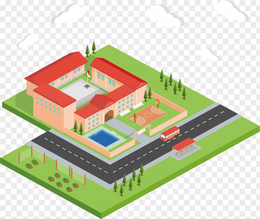 Stereoscopic School Model Isometric Projection Building Campus Illustration PNG