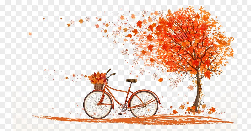 Autumn Orange Bicycle Under Maple Leaf Color Tree Illustration PNG