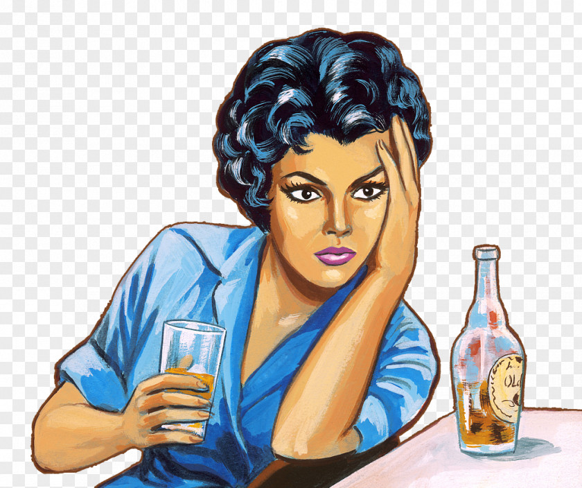 A Drunken Woman In Bar. Drawing Illustration PNG