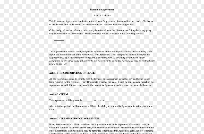 Kids Occupation Document Template Contract Rental Agreement Roommate PNG