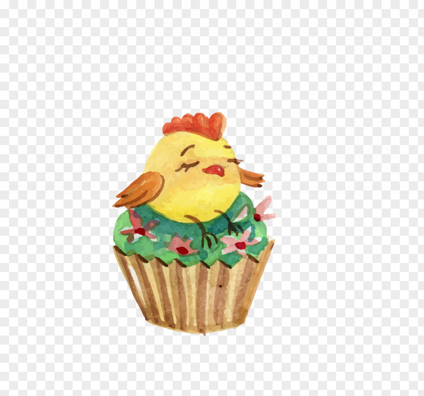Red Chick Cupcake Easter Cake Watercolor Painting PNG