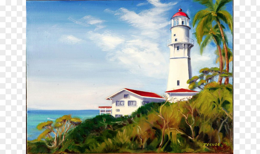 Painting Diamond Head Lighthouse Kalihiwai Beach PNG